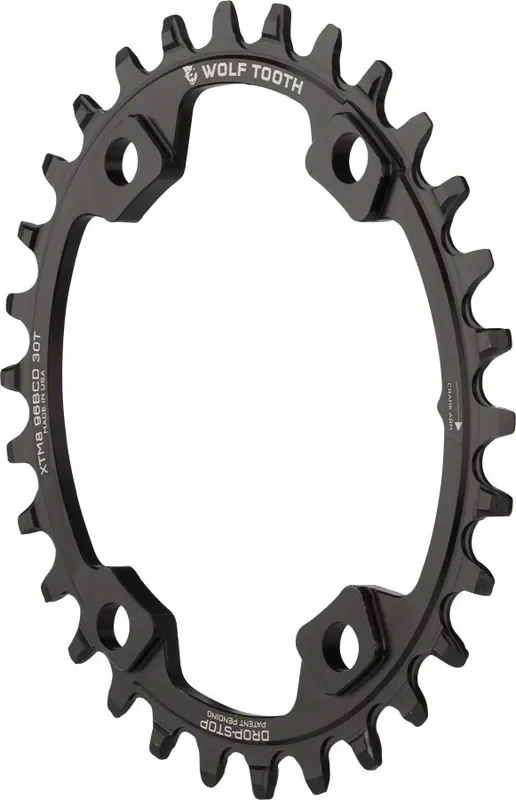 Wolf Tooth Elliptical 96 BCD Chainring – 30t 96 Asymmetric BCD 4-Bolt Drop-Stop For Shimano XT M8000 SLX M7000 Cranks BLK
