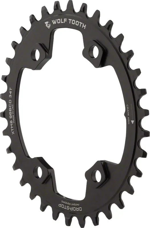 Wolf Tooth Elliptical 96 BCD Chainring – 34t 96 Asymmetric BCD 4-Bolt Drop-Stop For Shimano XT M8000 SLX M7000 Cranks BLK