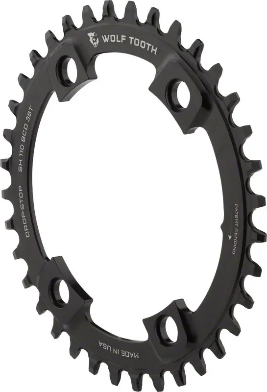 Wolf Tooth Shimano 110 Asymmetric BCD Chainring – 36t 110 Asymmetric BCD 4-Bolt Drop-Stop For Shimano Cranks BLK
